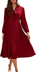 Womens Long Sleeve Pleated A Line Midi Dress - Flowy V Neck