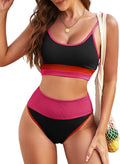 High Waisted Color Block Bikini Set - Flattering High Cut Swimwear leg