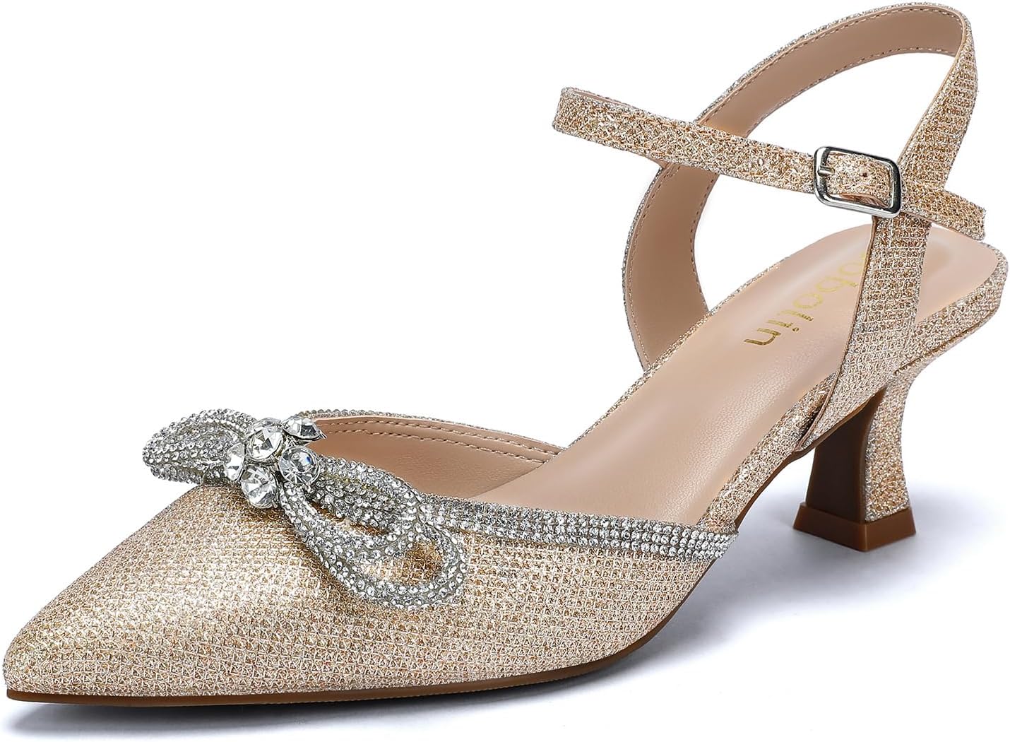 Wide Width Kitten Heels for Women with Rhinestone Bow Design