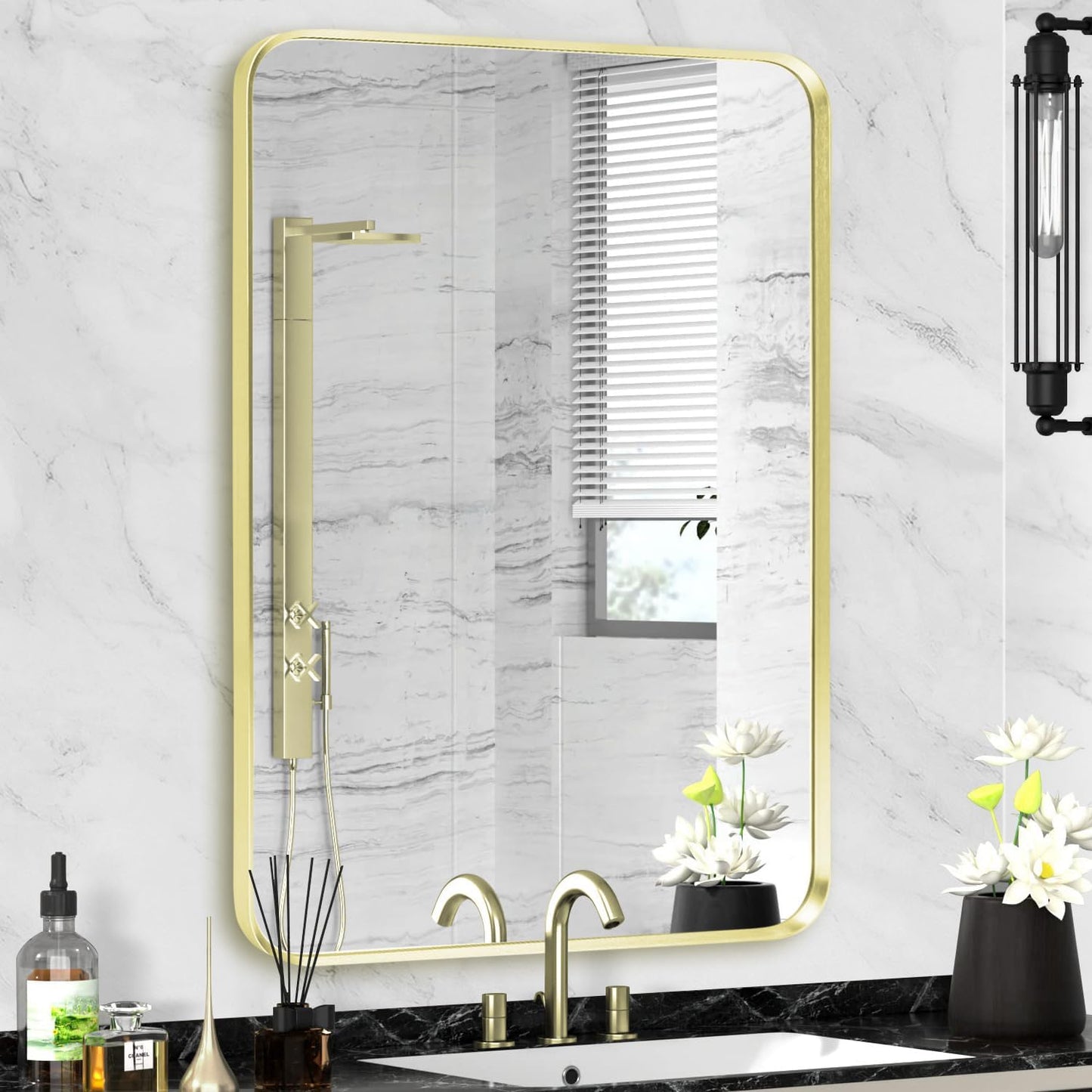 Gold Framed Bathroom Mirror with Stylish Rounded Rectangle Design