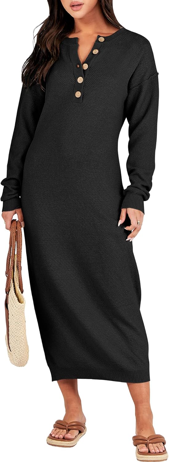 ANRABESS Women Long Sleeve V Neck Oversized Midi Sweater Dress