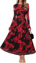 MEROKEETY Women's Long Sleeve Fall Wedding Guest Dress - Floral Mesh