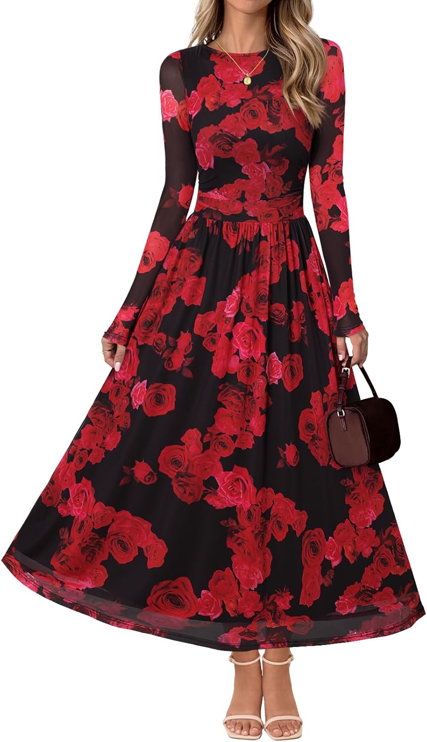 MEROKEETY Women's Long Sleeve Floral Maxi Dress for Fall Events