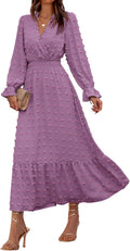 Women Fall Maxi Dress 2025 V Neck Swiss Dots - Flowy Ruffle Maxi BTFBM
