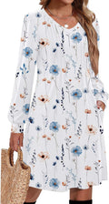 Fall Dresses for Women Long Sleeve Pleated V Neck A Line Tunic Dress