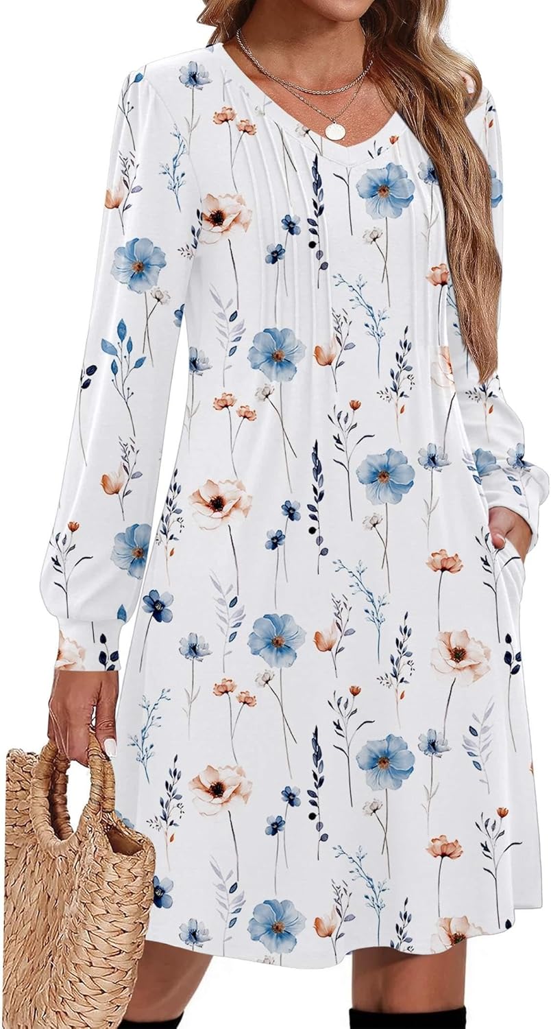 Stylish Long Sleeve Casual Pleated V Neck Dress for Women