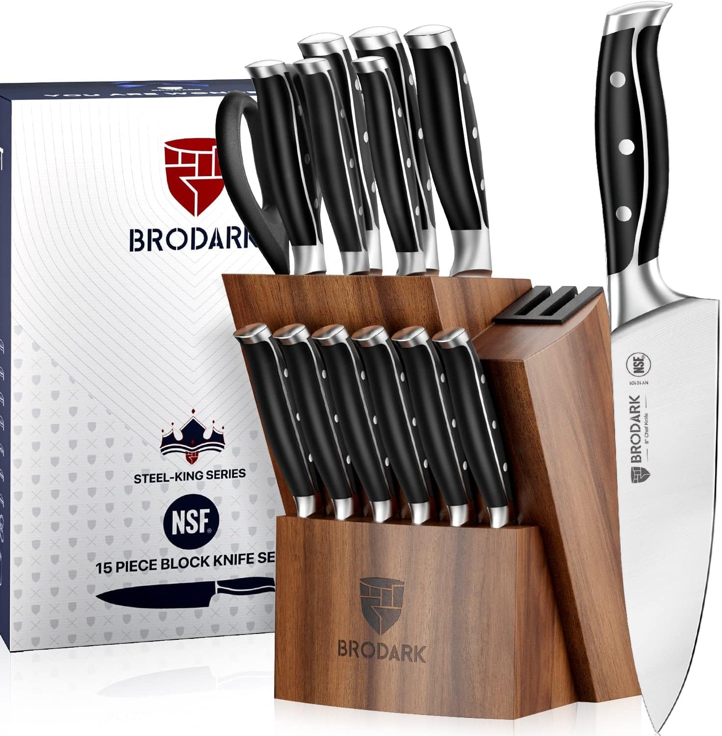 BRODARK Kitchen Knife Set with Block - 15 Pcs Full Tang Set