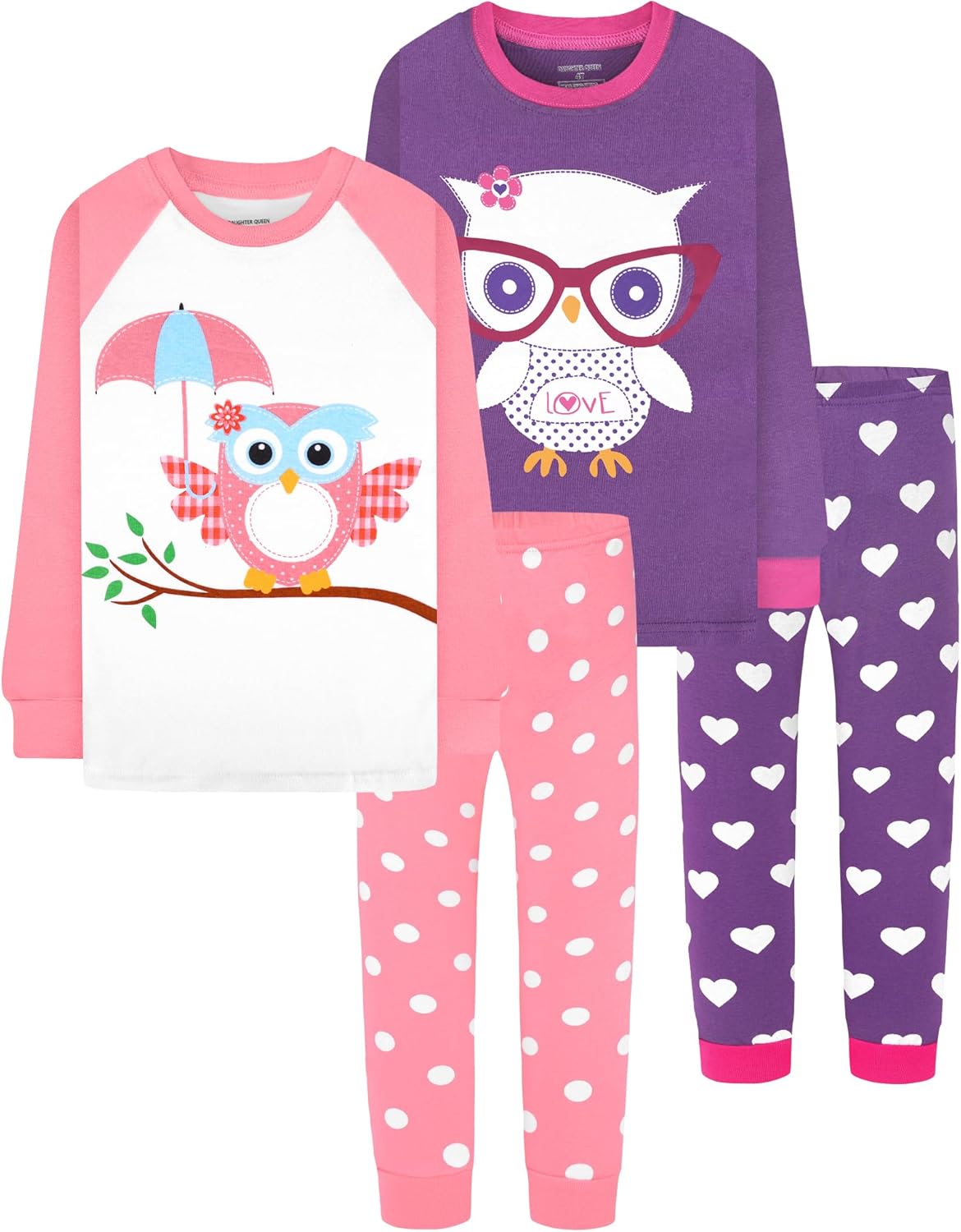 Girls 4 Pieces Cotton Pajamas Set for Ages 18 Months to 12 Years