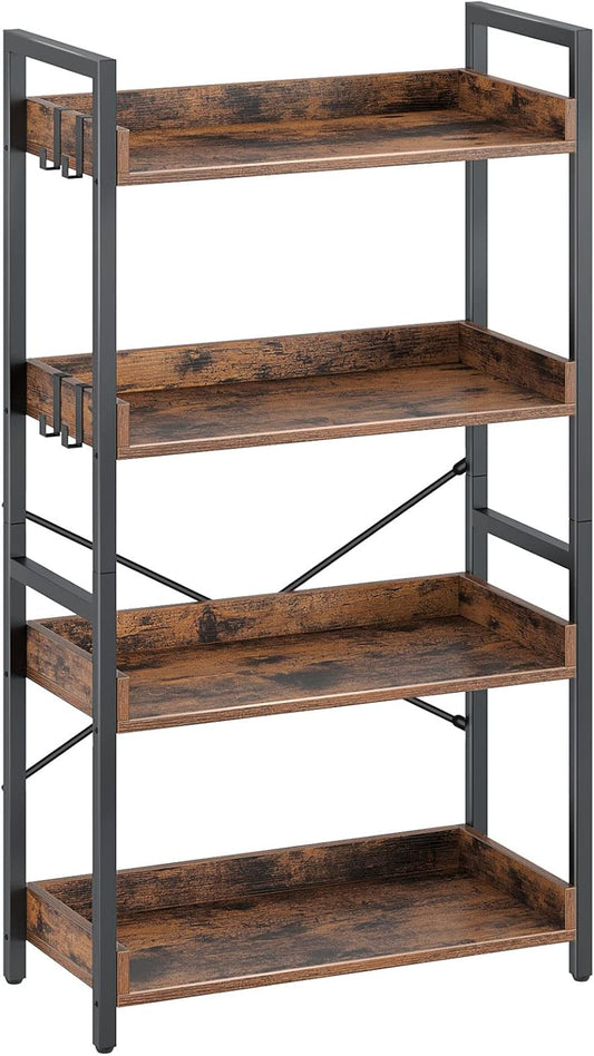 Rolanstar 4 Tier Industrial Wood Bookcase with Hooks for Storage