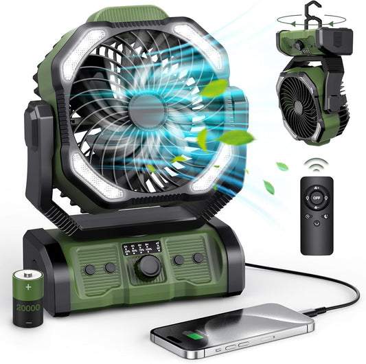 20000mAh Rechargeable Camping Fan with LED Lantern - Stay Cool Anywhere!