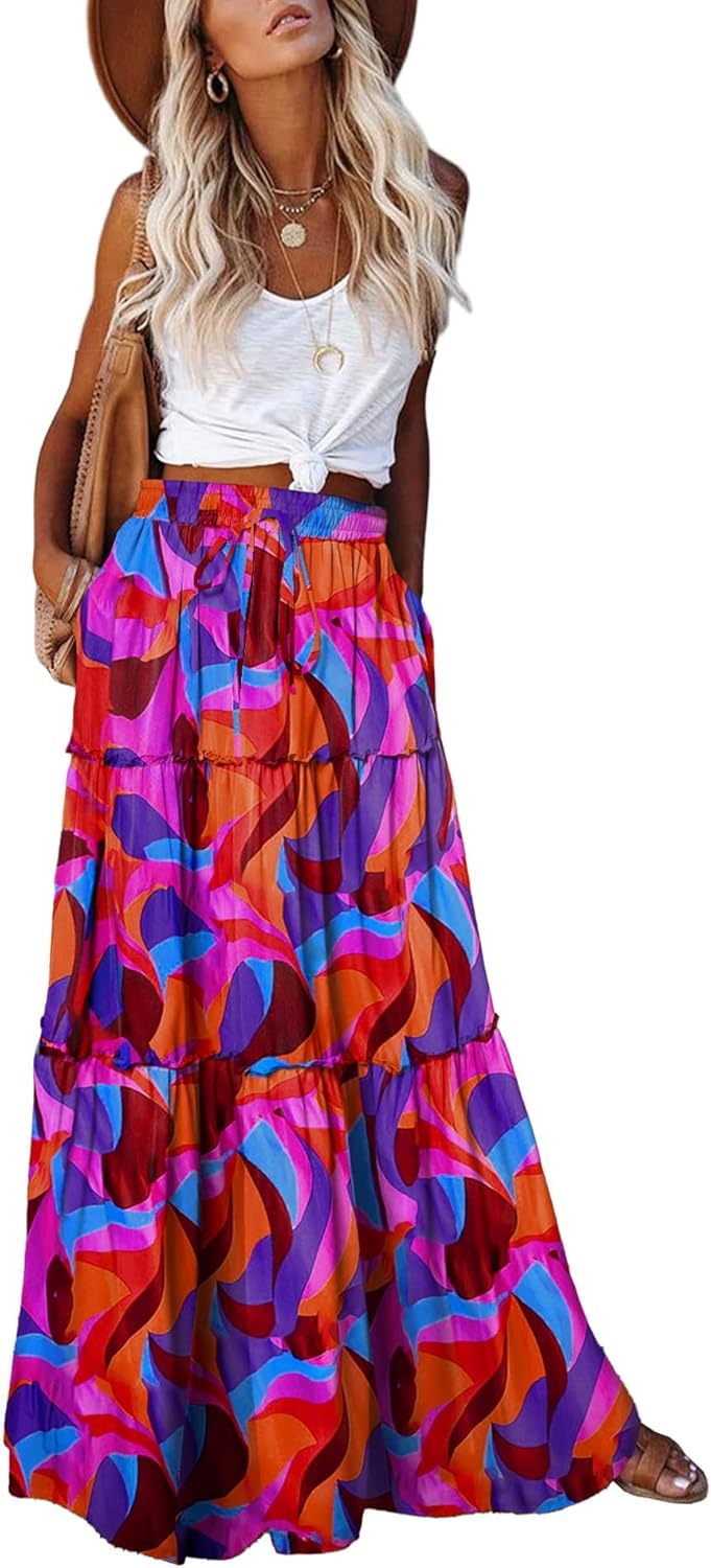 EARKOHA Womens Casual High Waist Tie Maxi Skirt with Pockets