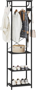 Coat Rack With Hanging Rod and 3 Wooden Shelves - Compact Hall Tree