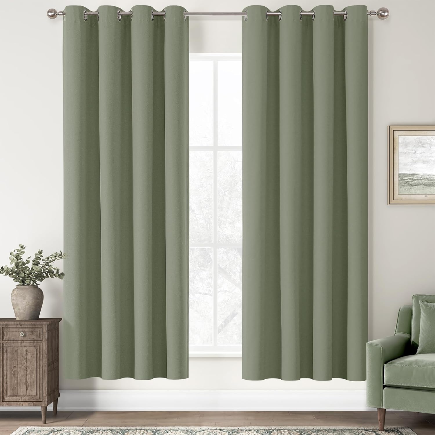 100% Blackout Sage Solid Curtains for Bedroom and Living Room