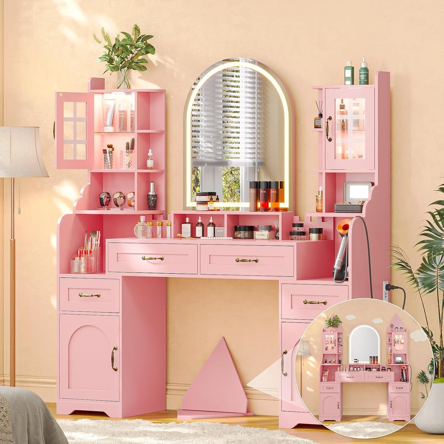 Vanity Desk with Lights & Storage, 3 Color Modes