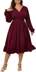 Women's Plus Size Fall Dress V Neck Smocked Swiss Dot Ruffle Midi