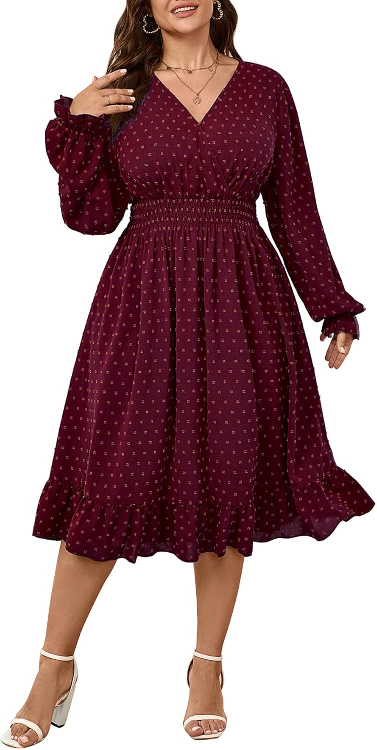 Women's Plus Size Fall Dress Long Sleeve V Neck Smocked Style