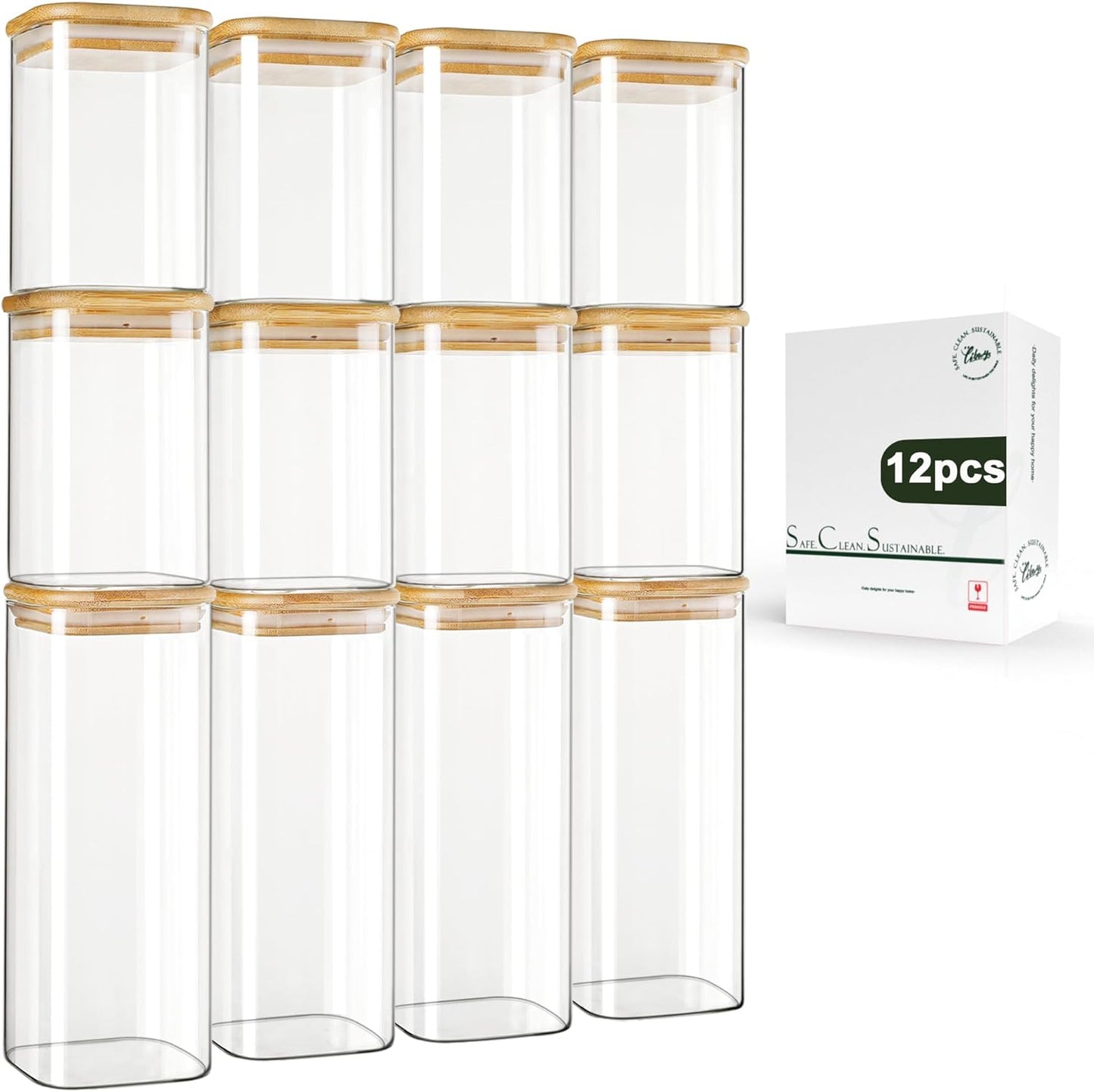 LIBWYS 12-Pack Square Glass Storage Jars for Smart Organization