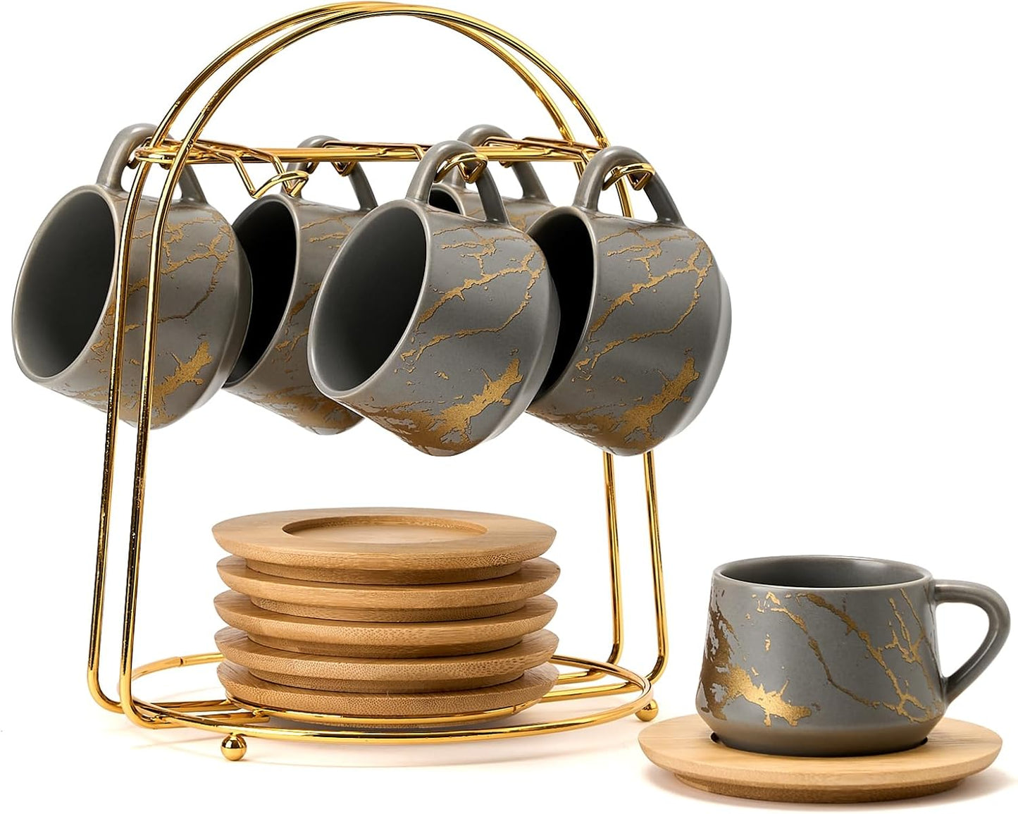 LUKA Ceramic Espresso Cups Set of 6 with Saucers and Stand