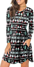 LONGYUAN Womens Long Sleeve Casual Loose Fit Swing Dress - Hide Belly