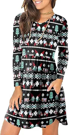 LONGYUAN Womens Long Sleeve Casual Loose Fit Swing Dress