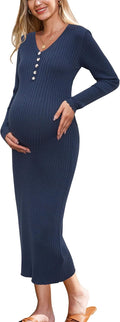 Wool Blend Maternity Sweater Dress V Neck Midi - Comfortable Stretch