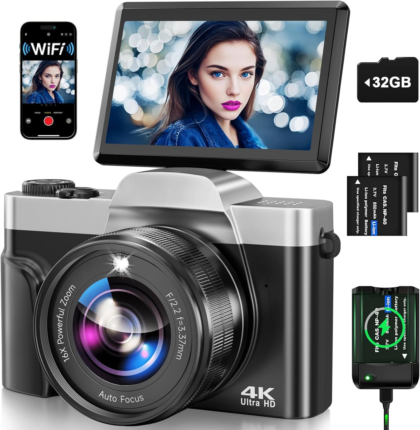 4K Digital Camera for Photography with WiFi and 16X Zoom