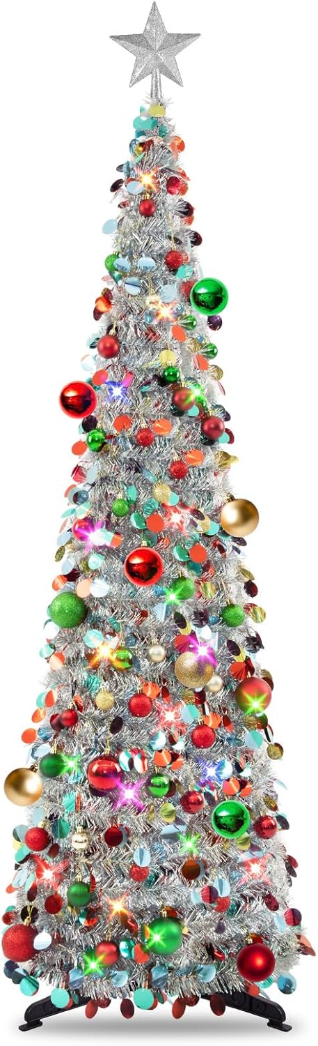 5Ft Collapsible Christmas Tree with Lights & 30 Balls for Decor