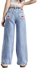 WDIRARA Girl's Bow Print High Waist Wide Leg Denim Pants - Comfortable