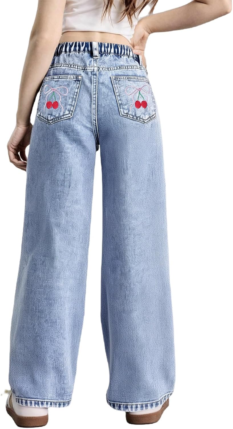WDIRARA Girl's Bow Print Back Zipper Fly High Waist Denim Pants