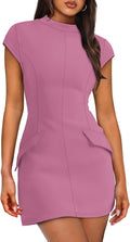 Womens Summer Dress Mock Neck Short Sleeve Bodycon Mini Dress