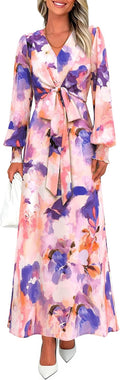 Women's Boho Floral Maxi Dress V Neck Long Sleeve - Flowy Belted Style