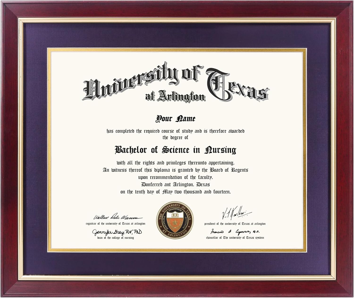 11x14 Wood Diploma Frame with Purple Mat and Gold Trim Design