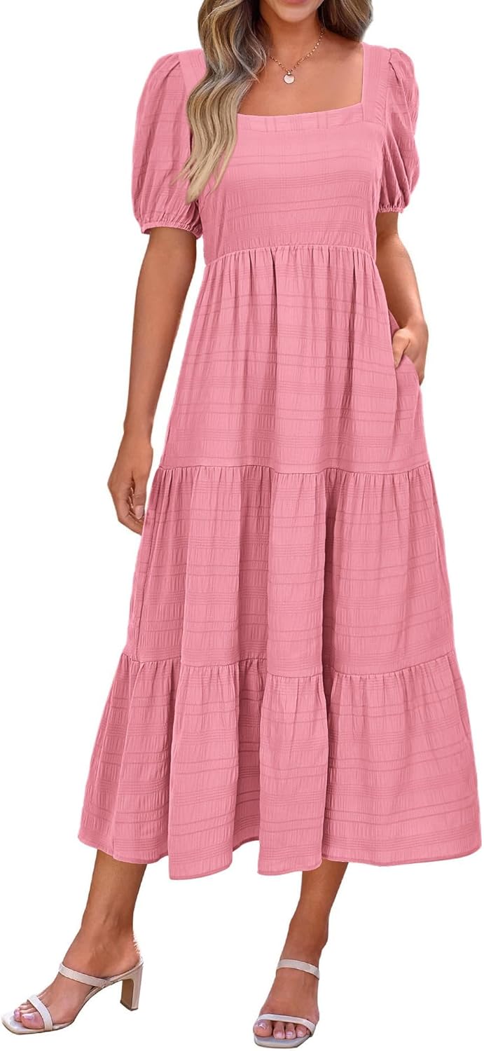 PRETTYGARDEN Women's Summer Dresses 2025 Puff Sleeve Midi Dress