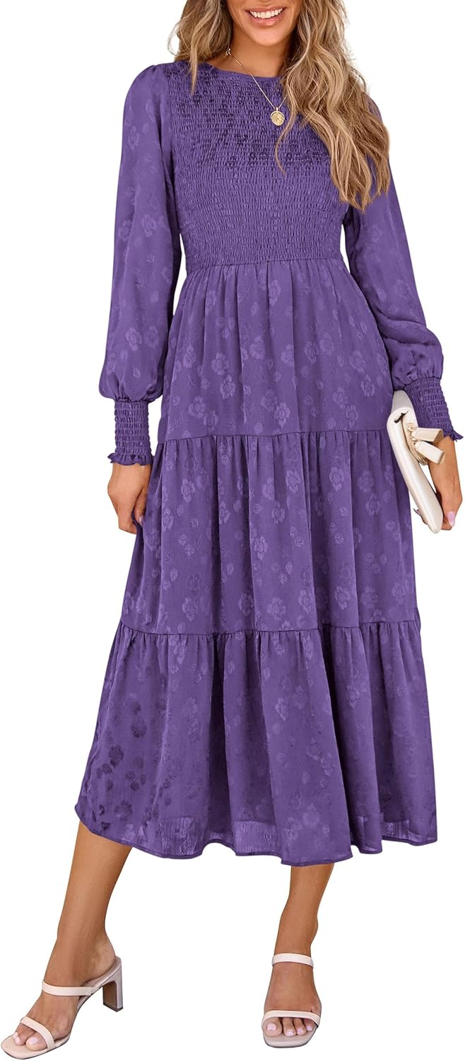 PRETTYGARDEN Women's Long Sleeve Floral Midi Dress with Pockets