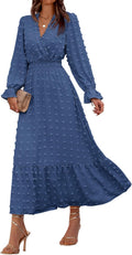 BTFBM Women Fall Maxi Dress V Neck Swiss Dot - Flowy Ruffle Maxi