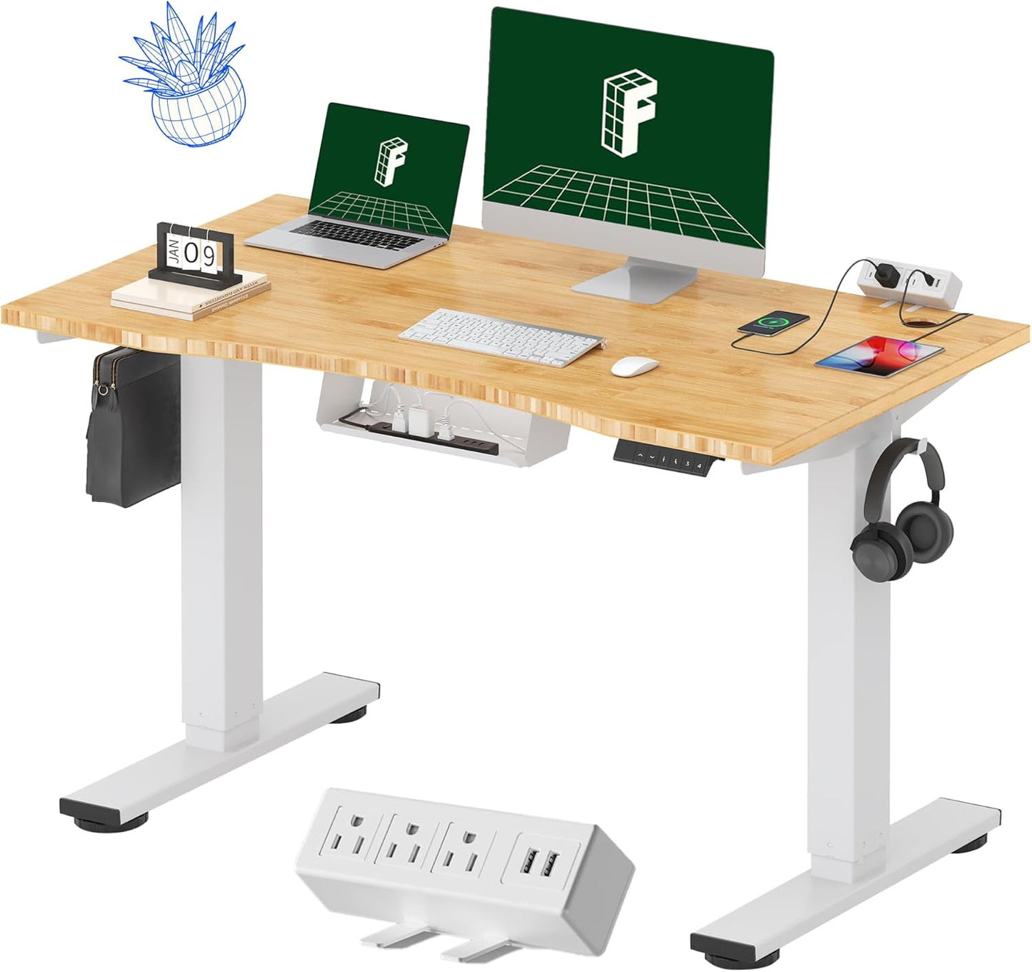 FLEXISPOT EN2 Bamboo Standing Desk with Power Strip and Memory