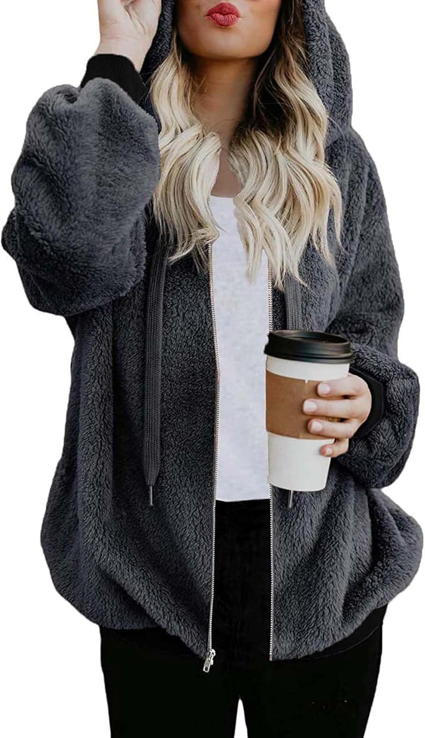 Oversized Sherpa Jacket for Women - Cozy Fleece Zip Up Hoodie