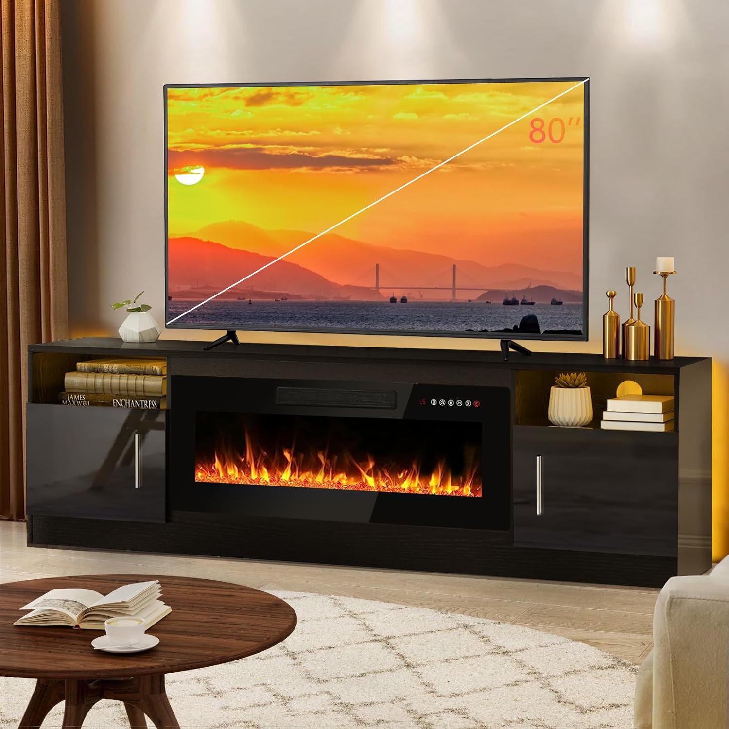 Modern 70 Fireplace TV Stand for 80 TVs - LED Lights, Storage & Style!