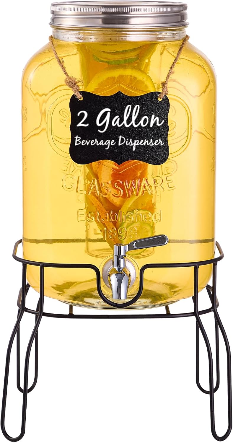 2 Gallon Glass Drink Dispenser with Stand for Parties and Events