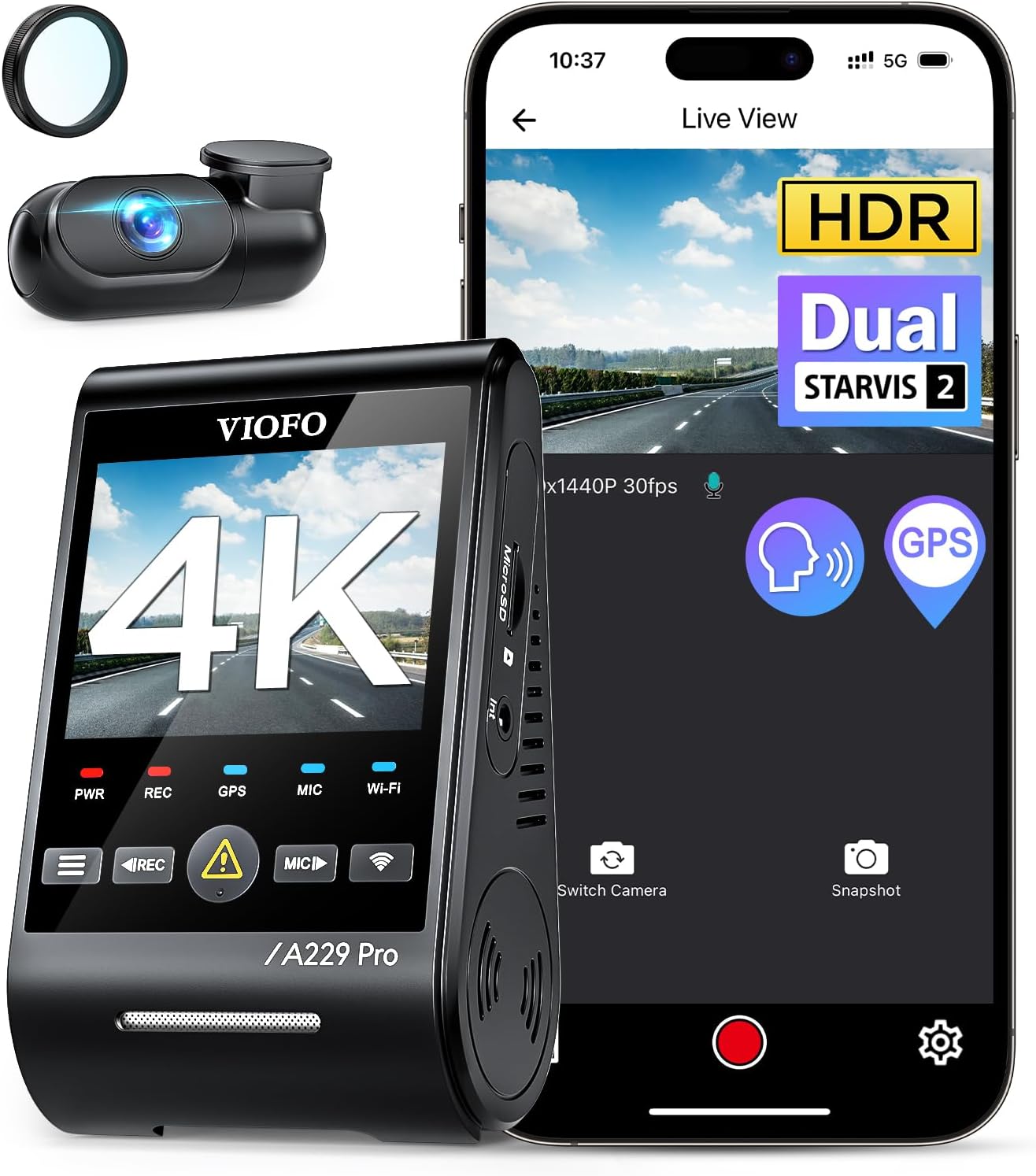 Advanced Dual 4K Dash Cam, 2Ch HDR, Voice Control