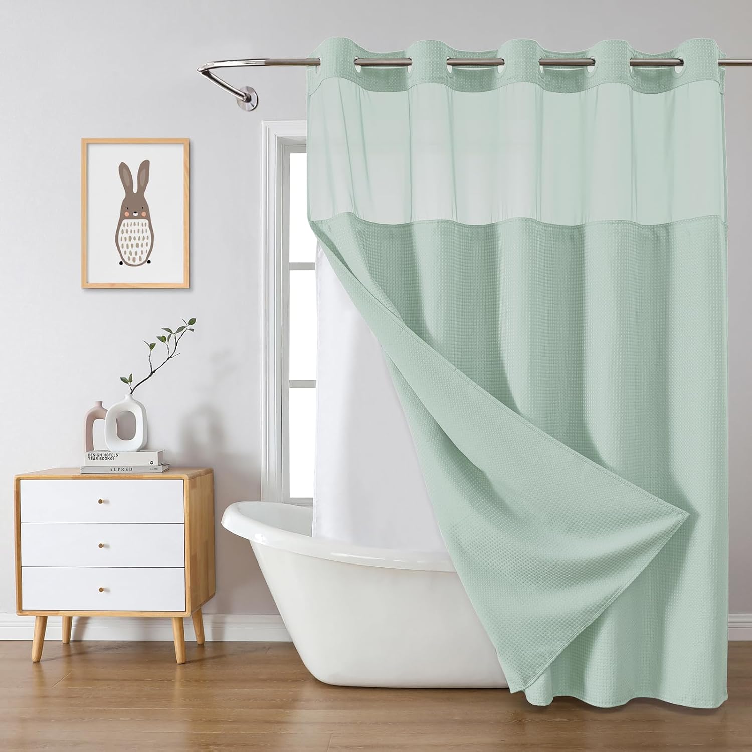 MintGreen No Hook Waffle Weave Shower Curtain for Modern Bathrooms