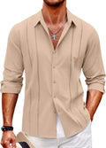 Mens Cuban Guayabera Shirt Casual Long Sleeve Beach Shirt Button-Down