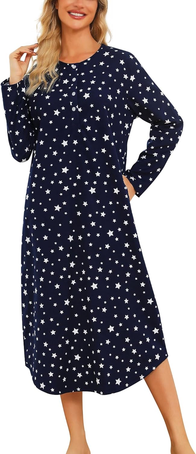 ENJOYNIGHT Womens Long Flannel Nightgown with Pockets
