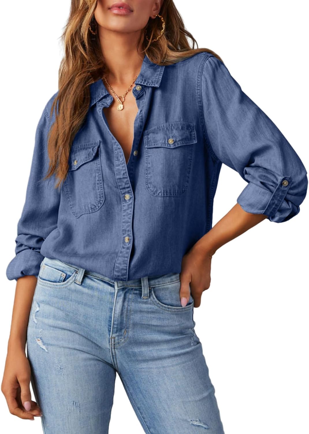 Astylish Women Button Down Denim Shirt for Casual Style