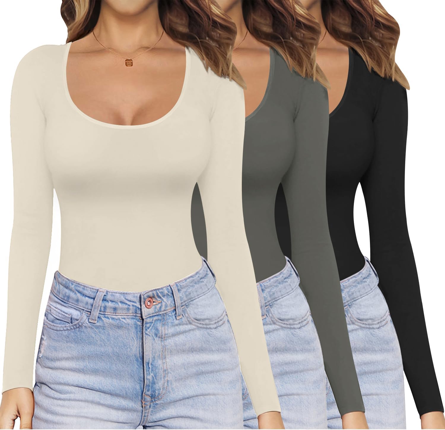 Ekouaer Womens Long Sleeve Scoop Neck Tops 3 Pack for All Seasons