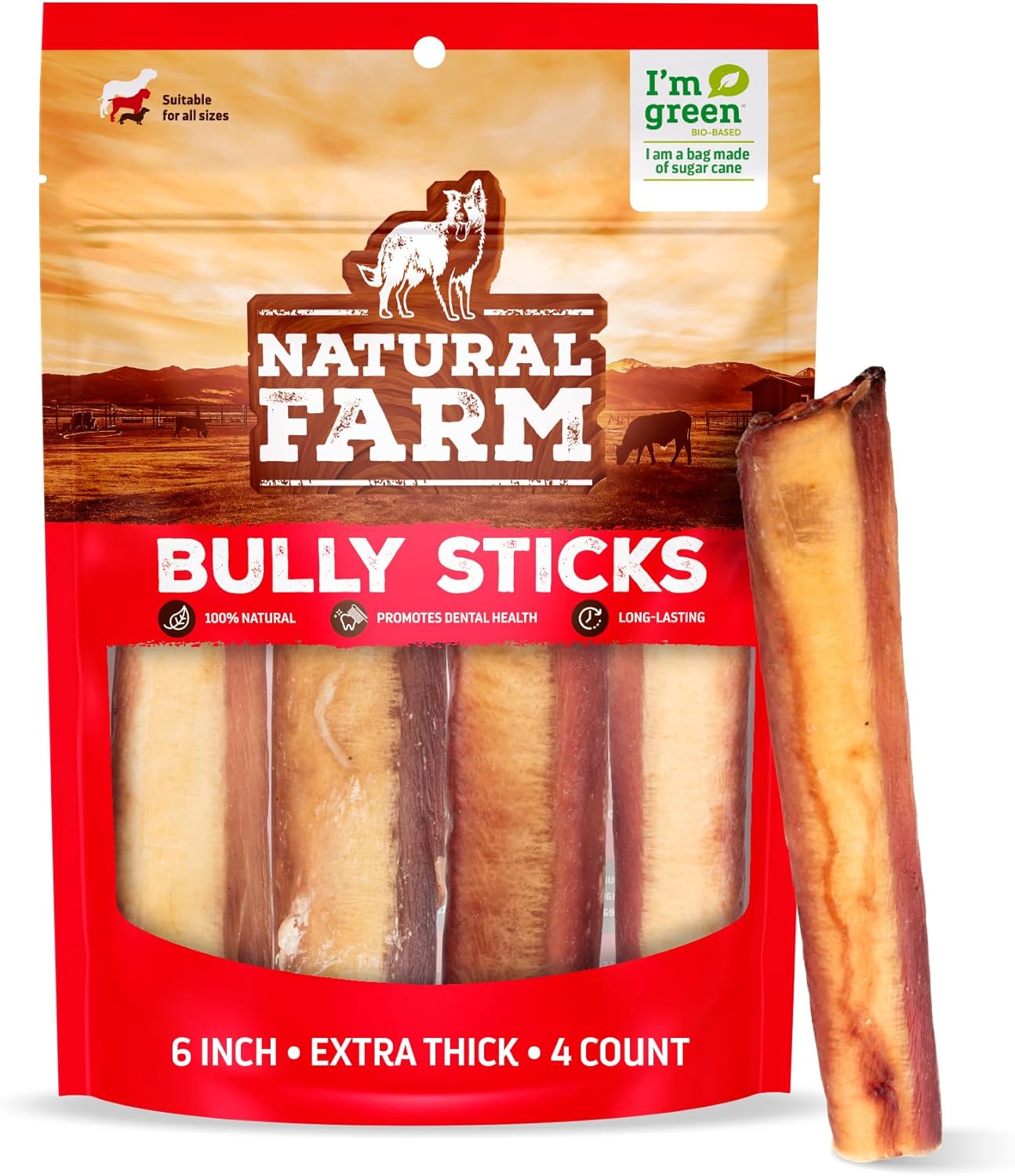 Natural Farm Jumbo Bully Sticks for Dogs - Odor Free Chews