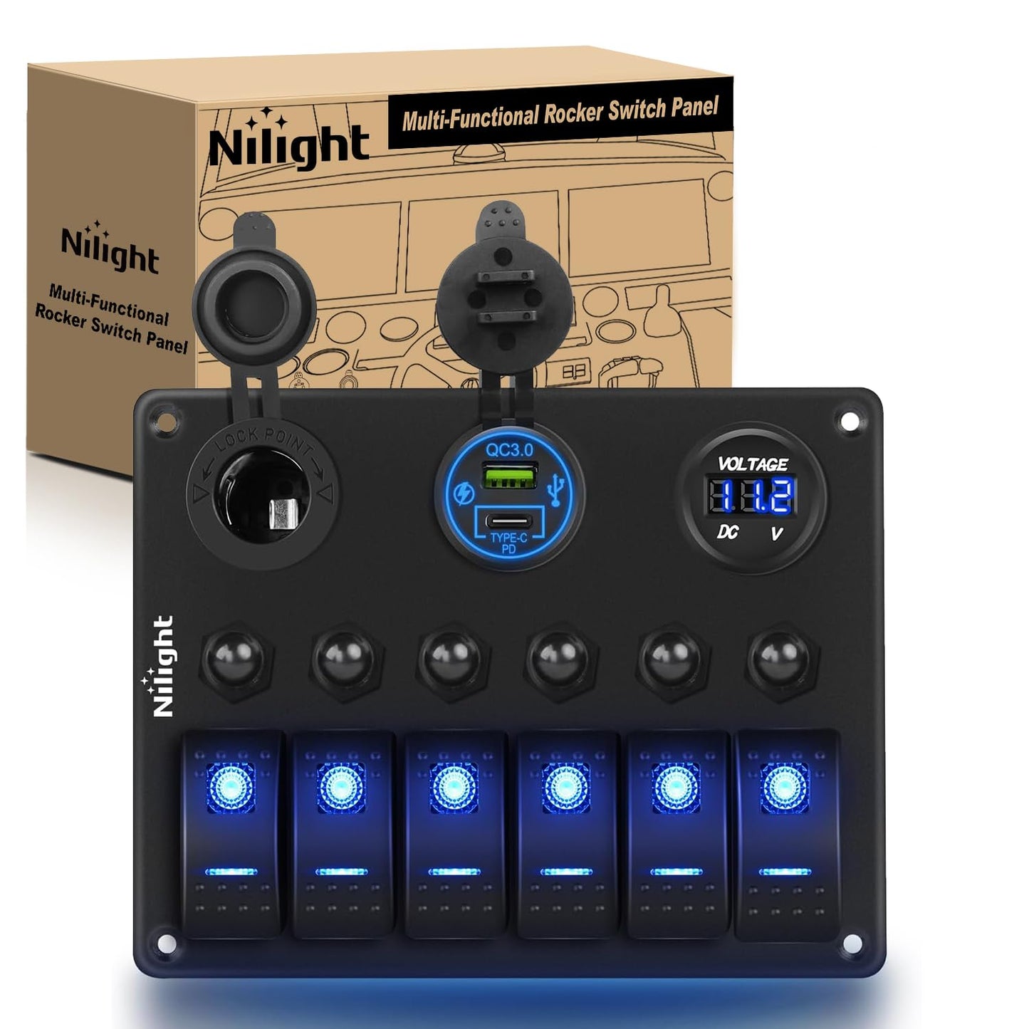 Nilight 6 Gang Rocker Switch Panel with USB and Voltmeter Features