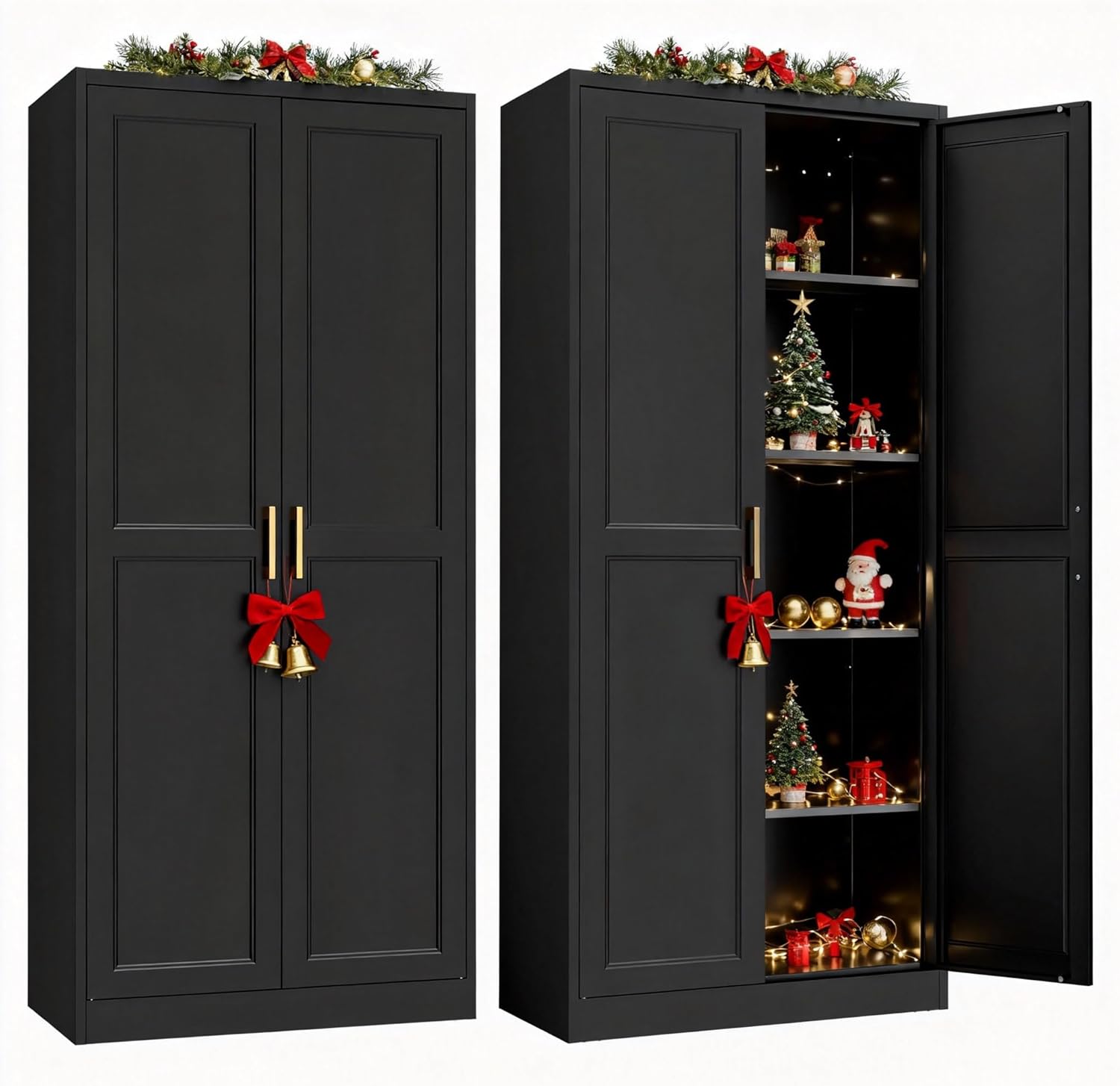Stylish Black Metal Pantry Cabinet with Adjustable Shelves