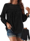 Womens Boho Long Sleeve Swiss Dot Crochet Top - Versatile Style Tunics