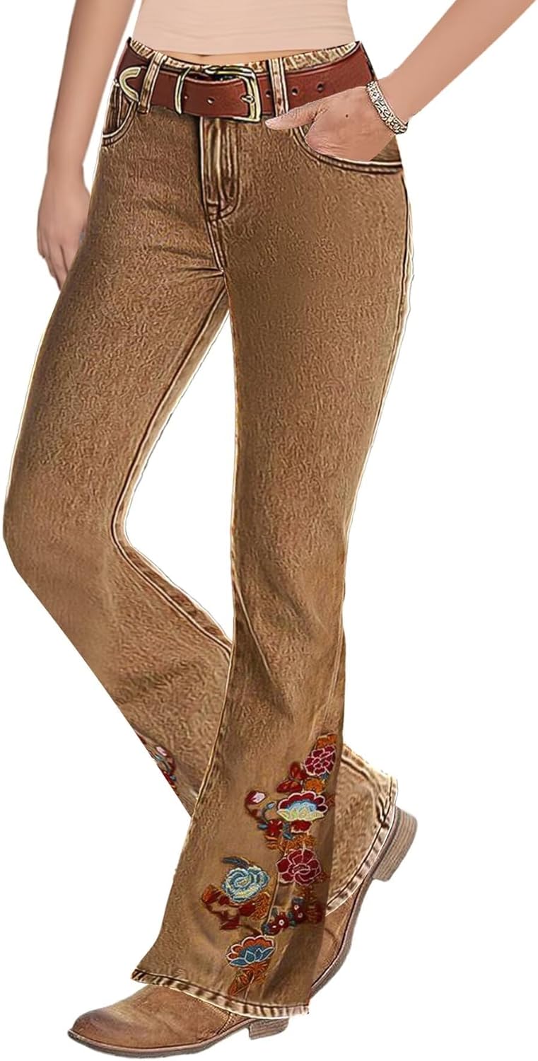 Flamingals Women's Floral Embroidery Bootcut Jeans with Pockets